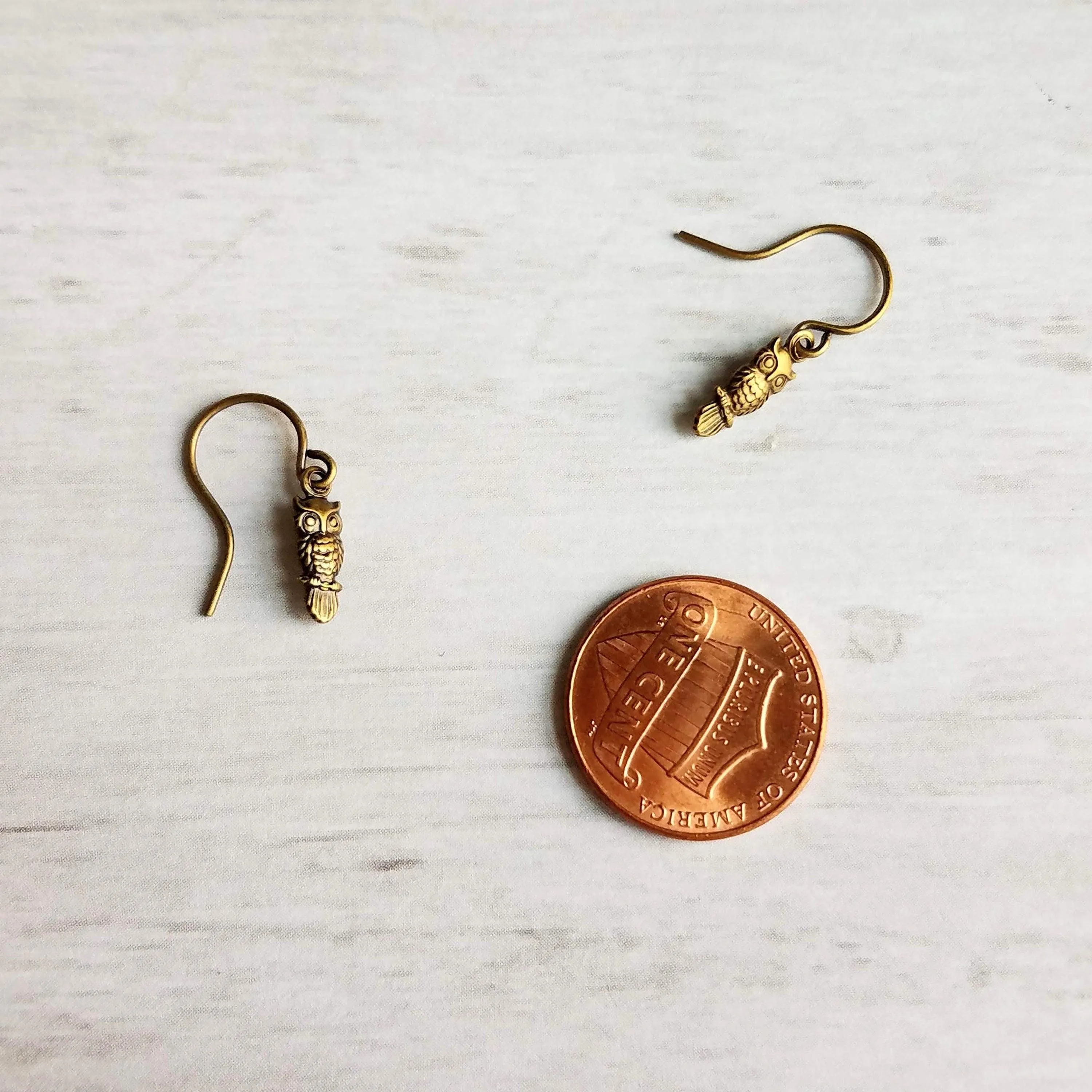 Tiny Owl Earrings - small bronze oxidized brass owlet bird charm, delicate petite little simple owl, forest woods critter gift, baby owl