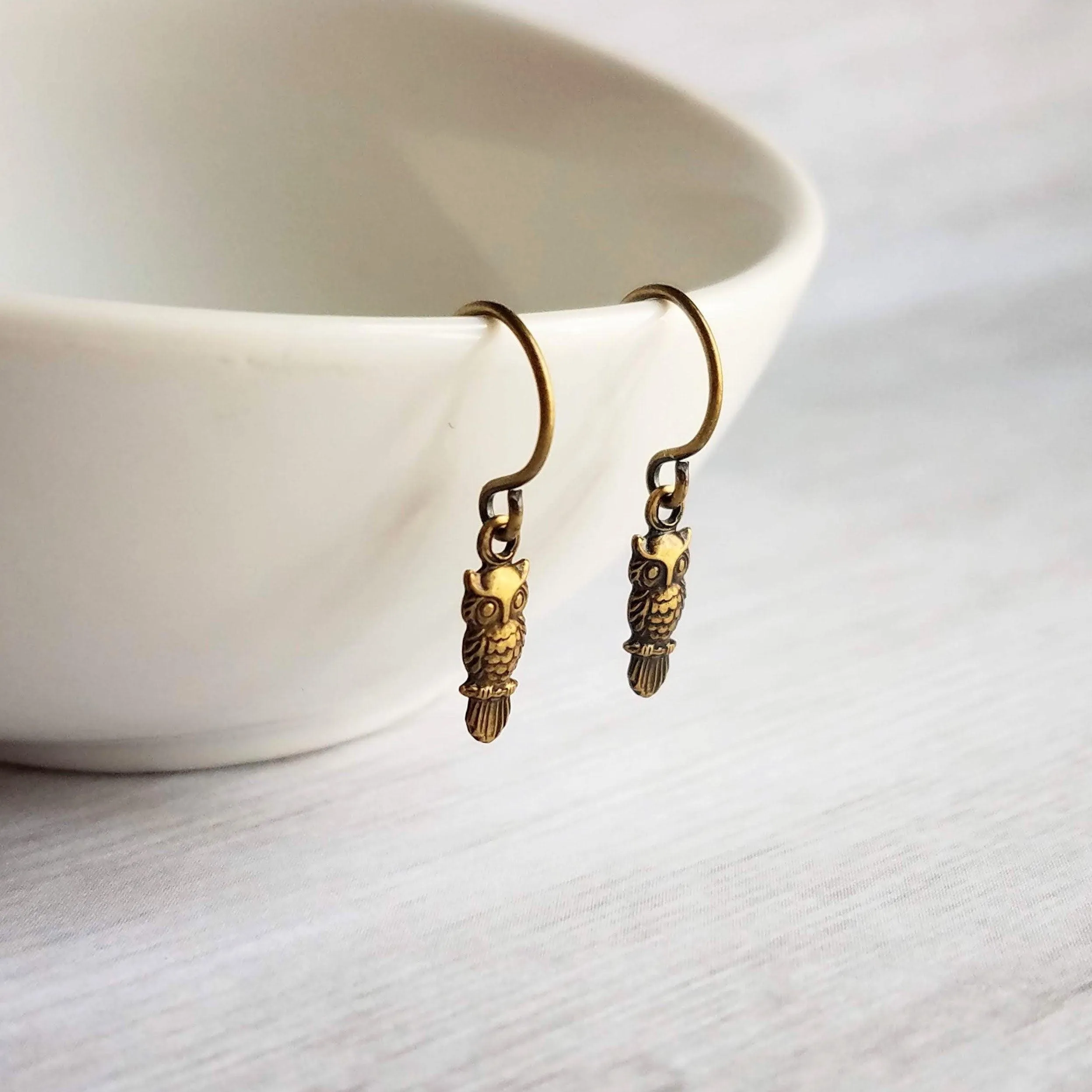 Tiny Owl Earrings - small bronze oxidized brass owlet bird charm, delicate petite little simple owl, forest woods critter gift, baby owl
