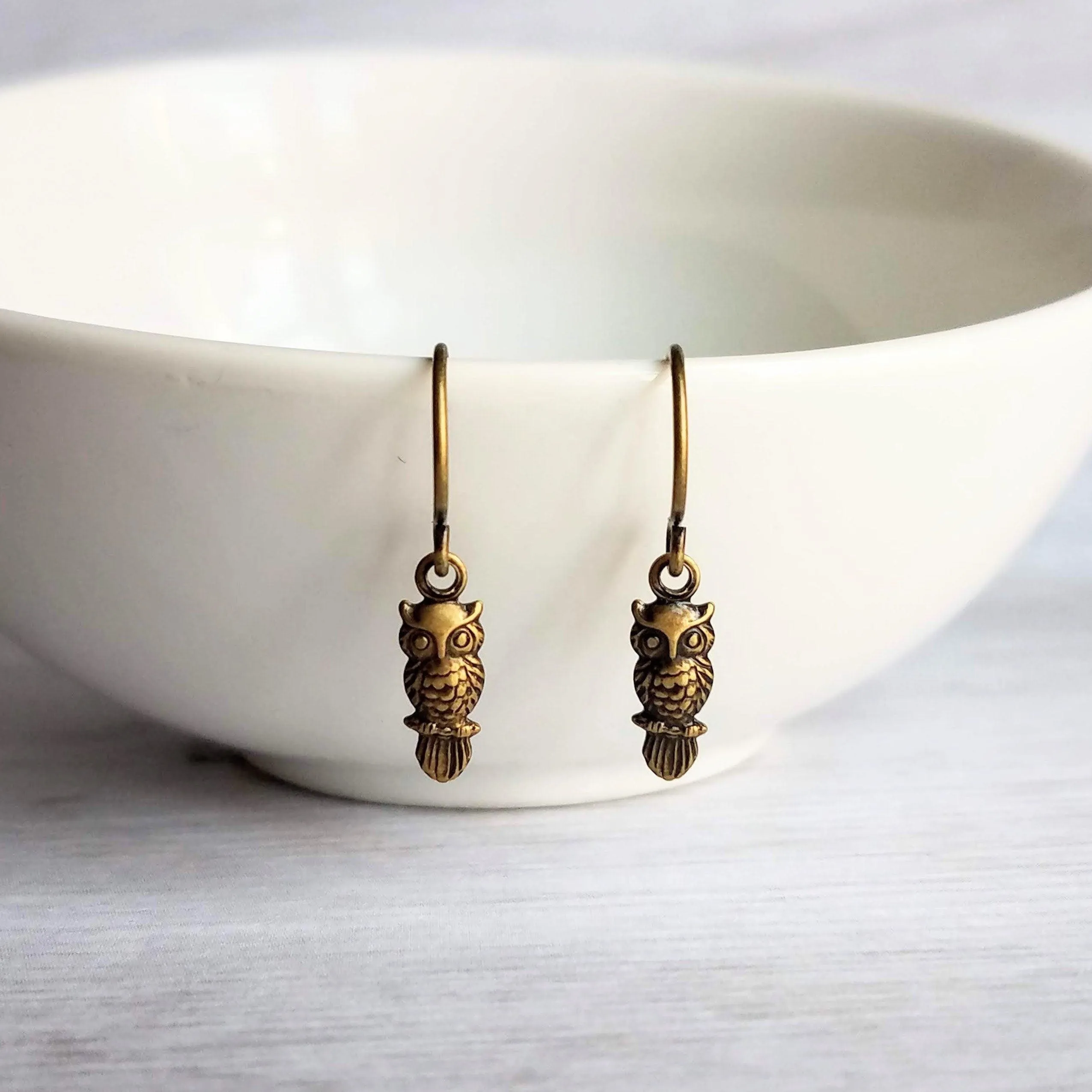 Tiny Owl Earrings - small bronze oxidized brass owlet bird charm, delicate petite little simple owl, forest woods critter gift, baby owl