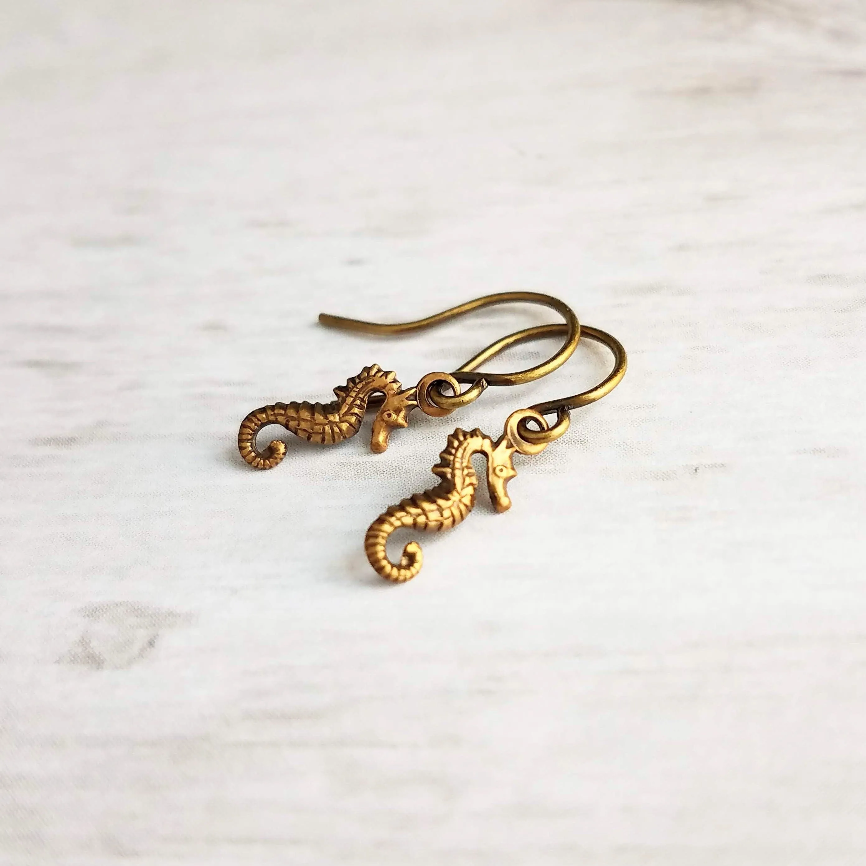 Tiny Seahorse Earrings, sea creature earring, mini seahorse earring, little bronze seahorse earring, beach earring, seahorse dangles, small