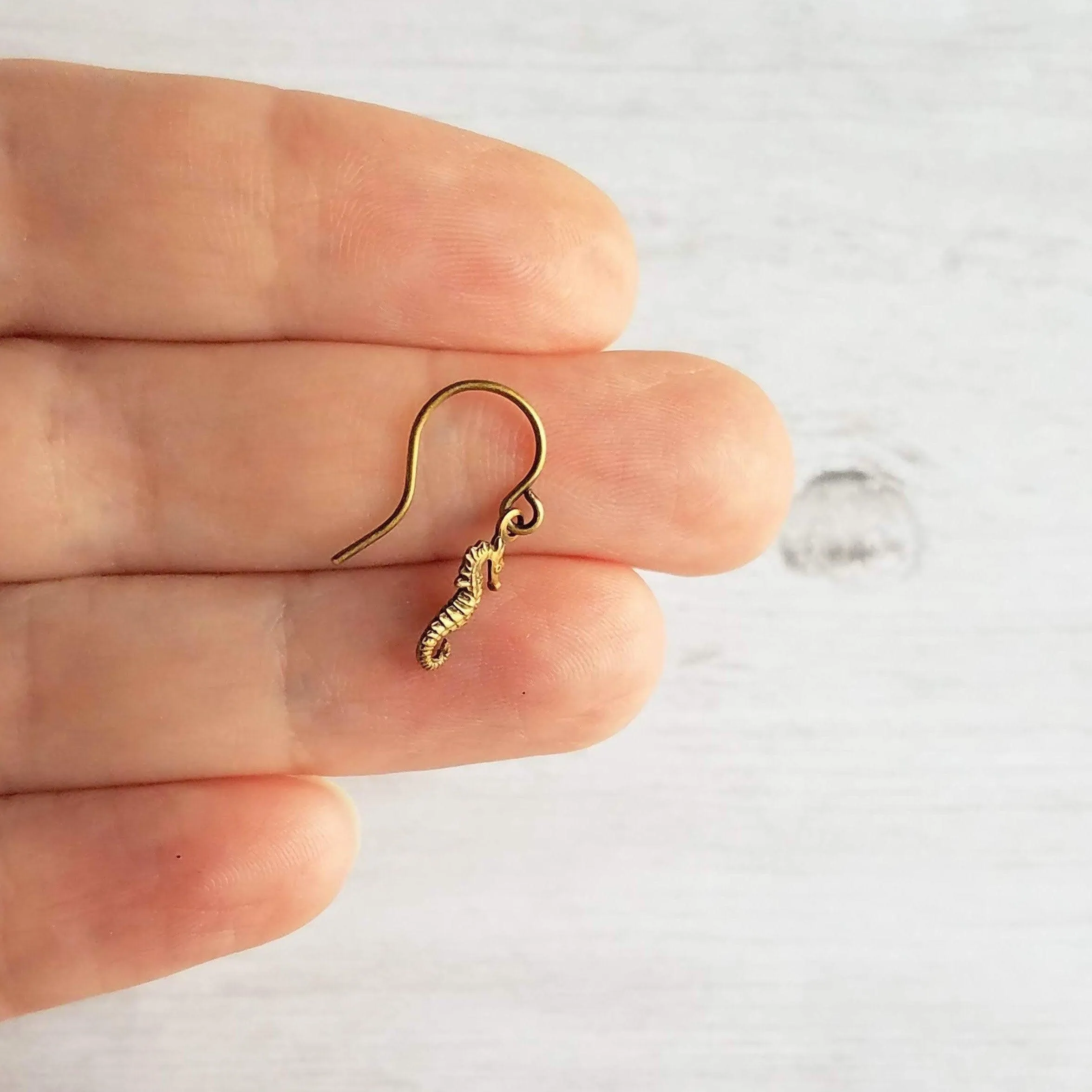 Tiny Seahorse Earrings, sea creature earring, mini seahorse earring, little bronze seahorse earring, beach earring, seahorse dangles, small