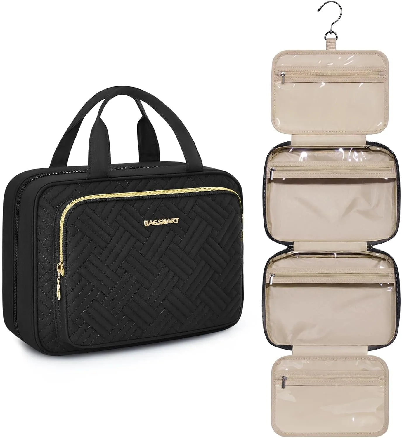Toiletry Bag Hanging Travel Makeup Organizer with TSA Approved Transparent Cosmetic Bag Makeup Bag for Full Sized Toiletries, Medium-Black