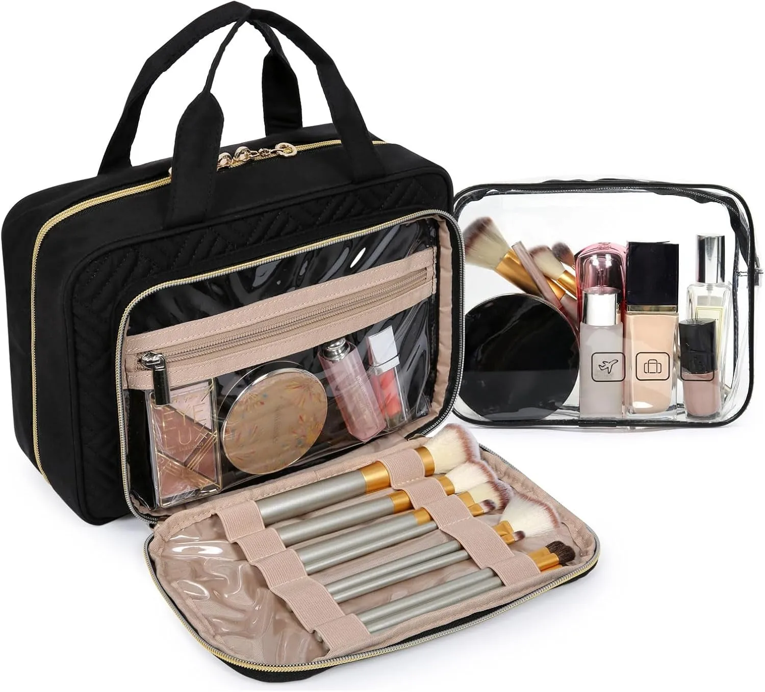 Toiletry Bag Hanging Travel Makeup Organizer with TSA Approved Transparent Cosmetic Bag Makeup Bag for Full Sized Toiletries, Medium-Black