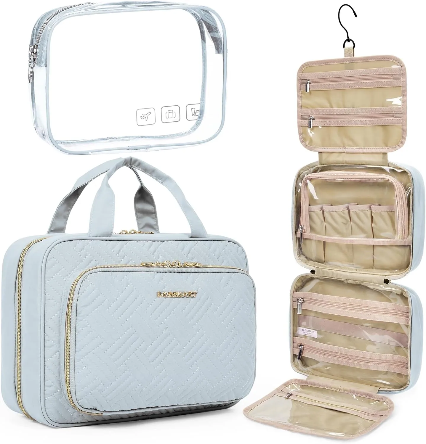 Toiletry Bag Hanging Travel Makeup Organizer with TSA Approved Transparent Cosmetic Bag Makeup Bag for Full Sized Toiletries, Medium-Black