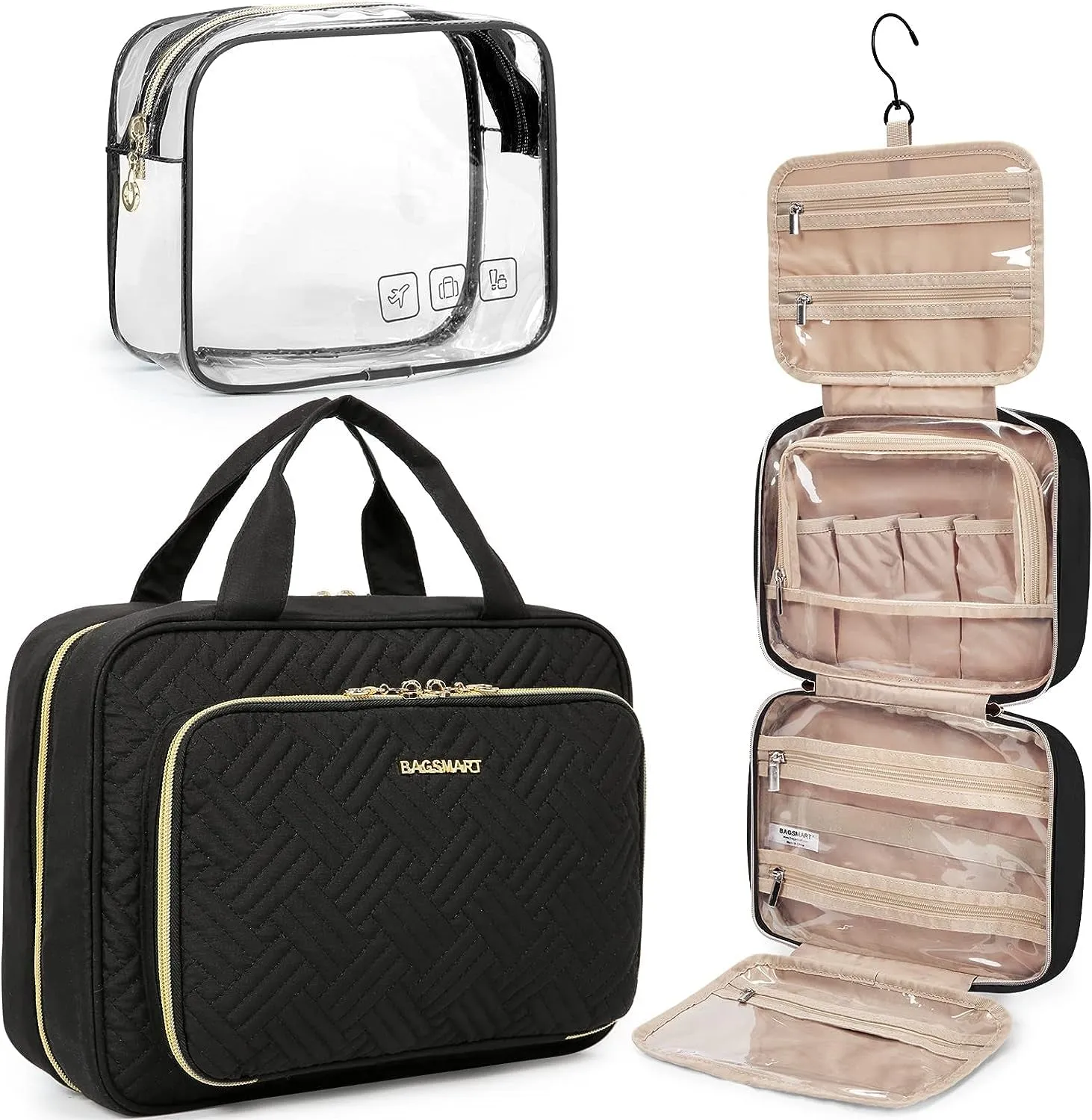 Toiletry Bag Hanging Travel Makeup Organizer with TSA Approved Transparent Cosmetic Bag Makeup Bag for Full Sized Toiletries, Medium-Black