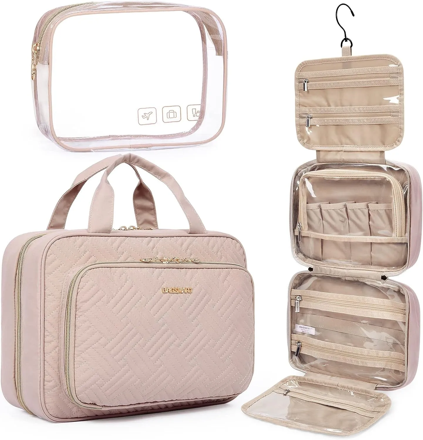 Toiletry Bag Hanging Travel Makeup Organizer with TSA Approved Transparent Cosmetic Bag Makeup Bag for Full Sized Toiletries, Medium-Black