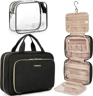 Toiletry Bag Hanging Travel Makeup Organizer with TSA Approved Transparent Cosmetic Bag Makeup Bag for Full Sized Toiletries, Medium-Black