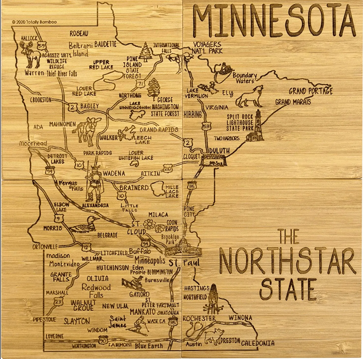 Totally Bamboo Minnesota State Puzzle 4 Piece Bamboo Coaster Set with Case