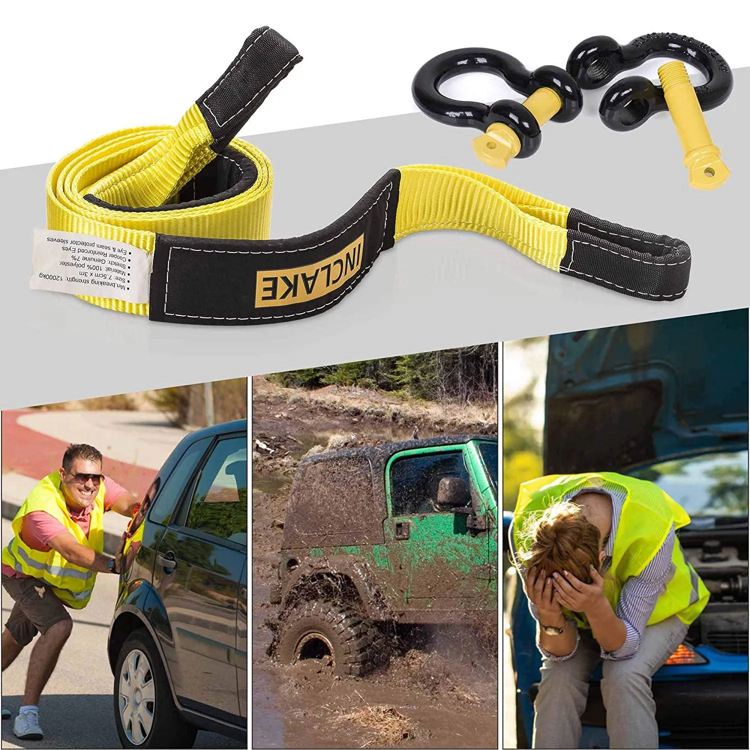 Tow Strap Recovery Kit-3' x 10ft (30,000 lbs. Break Strength)  3/4" D Ring Shackles （62,831 LBS Break Strength）(2pcs.)-Heavy Duty Recovery Kit -Off Road Towing Accessory for Jeeps & Trucks