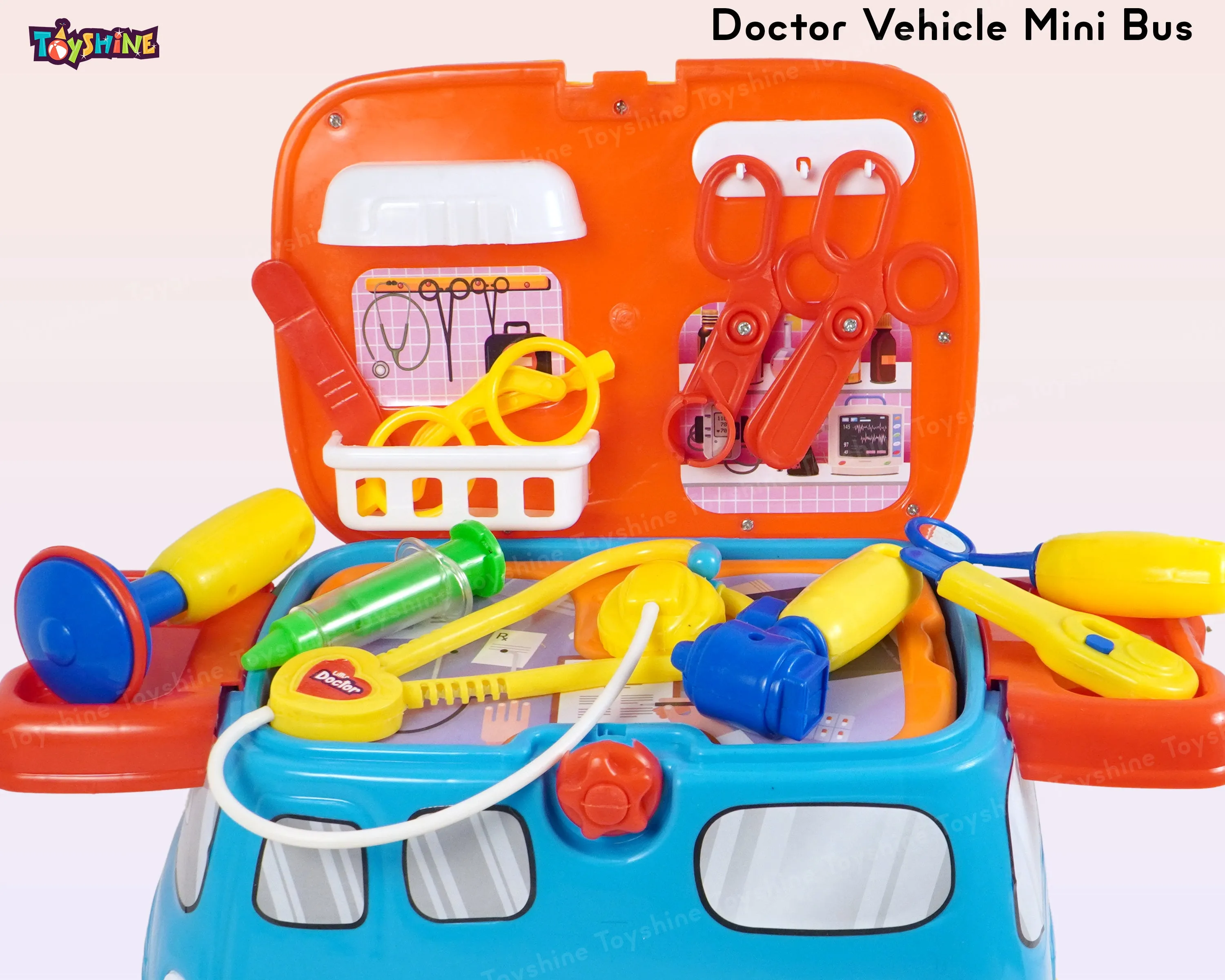 Toyshine 2 in 1 Doctor Vehicle Mini Bus Baby Ride on Cum Doctor Play 16 pc Set for Kids Age 3  