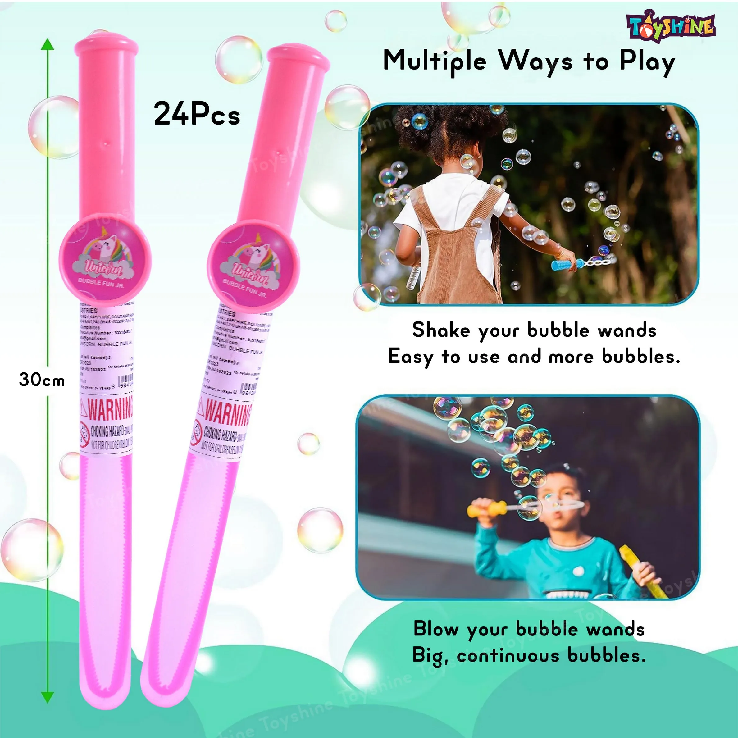 Toyshine 24 Pack Bubble Wands (12 inches) for Children Party Favors Birthday Return Gift for Boys Girls 3  (Pink)