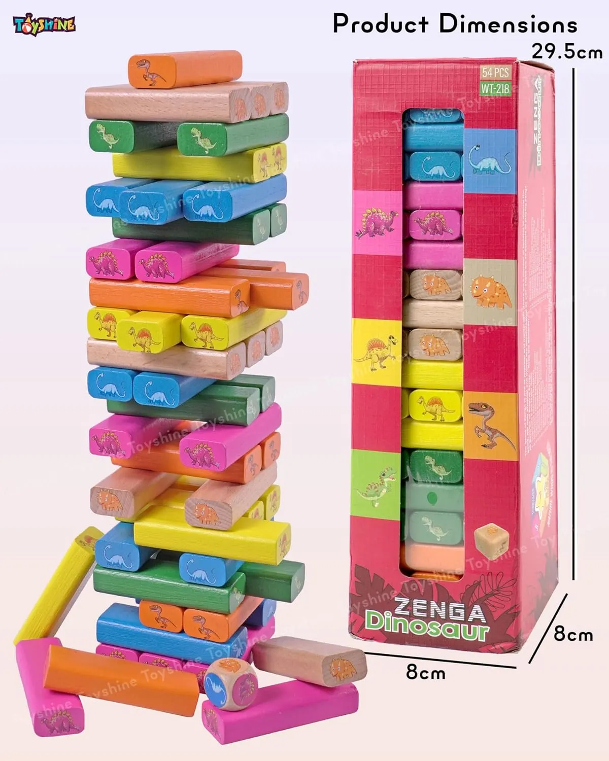 Toyshine 54pcs Dino Theme Building Blocks Balancing Tower Montessori Learning Sorting Toys for Toddlers and Family- Multi