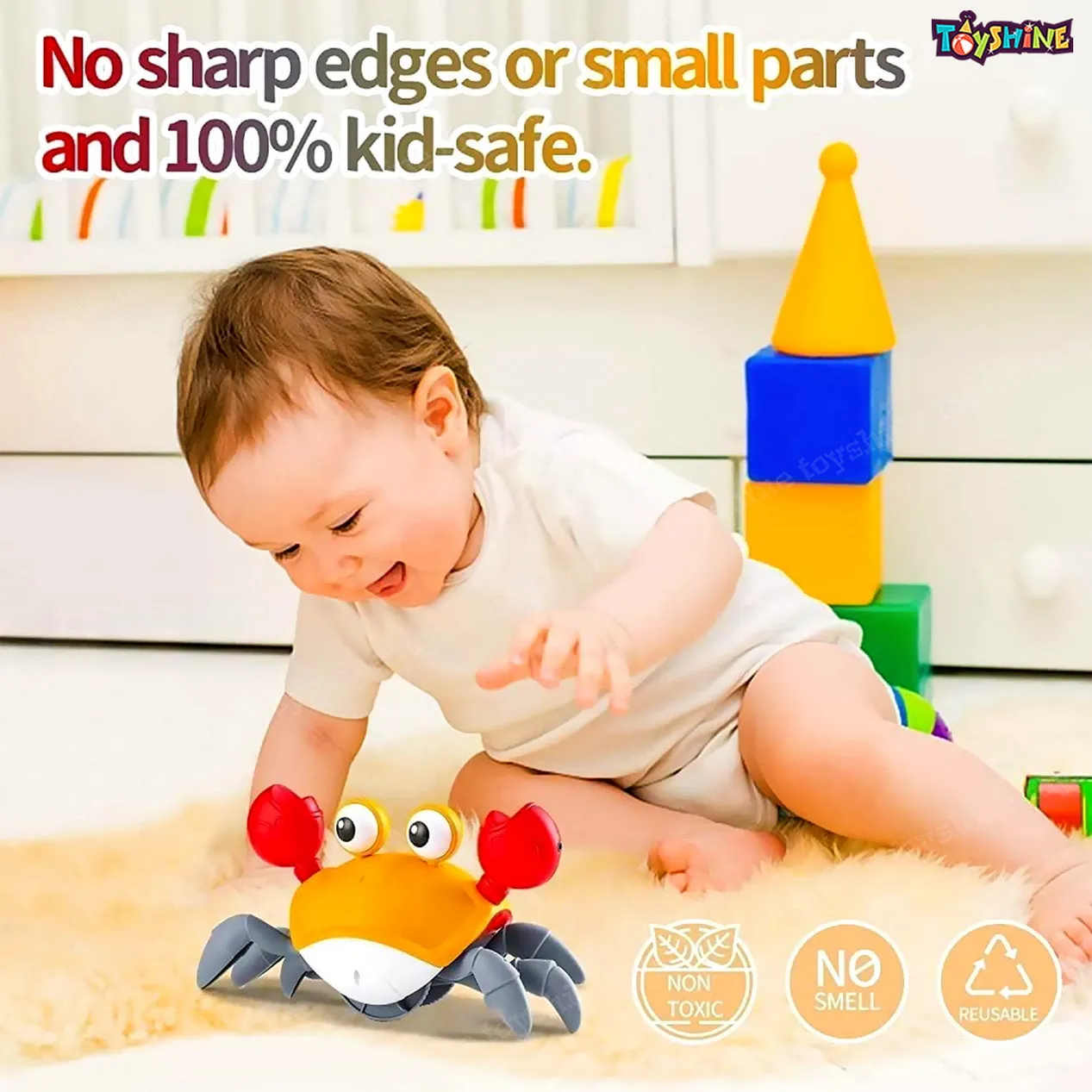 Toyshine Cute Walking Moving Dancing Crab Learning Crawl Sensory Interactive USB Rechargeable Toy Gift for 3 Babies Infant Toddler Kid Boys Girls