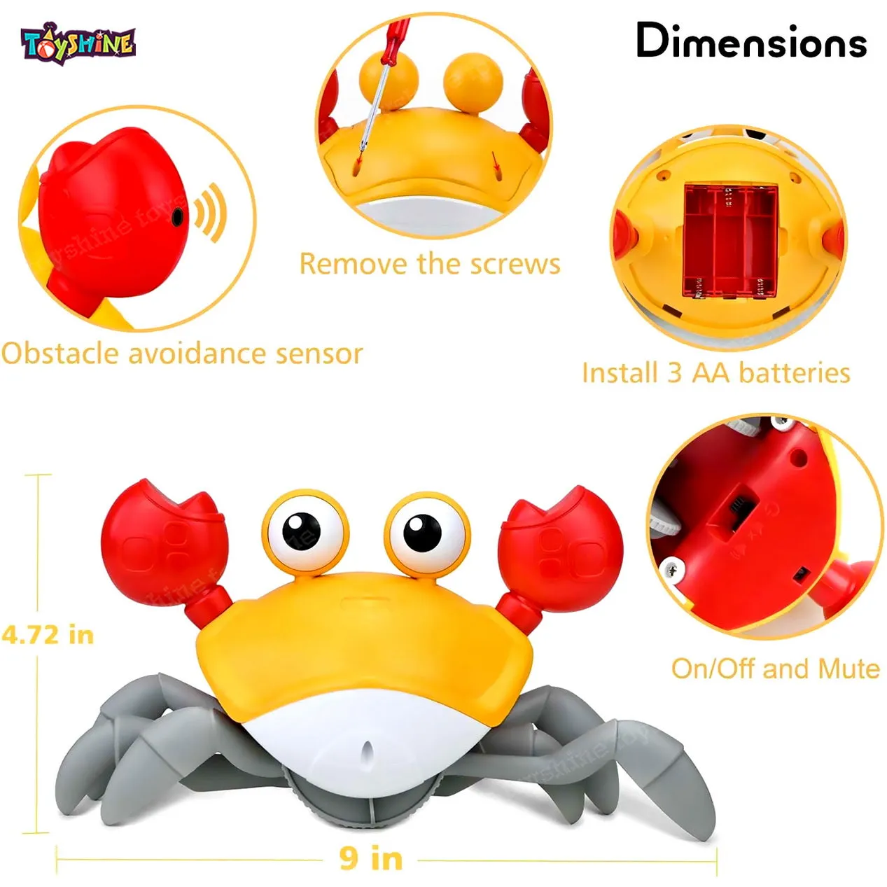 Toyshine Cute Walking Moving Dancing Crab Learning Crawl Sensory Interactive USB Rechargeable Toy Gift for 3 Babies Infant Toddler Kid Boys Girls