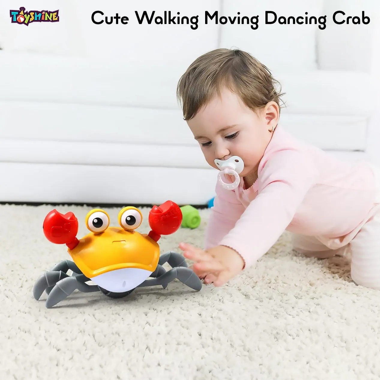 Toyshine Cute Walking Moving Dancing Crab Learning Crawl Sensory Interactive USB Rechargeable Toy Gift for 3 Babies Infant Toddler Kid Boys Girls