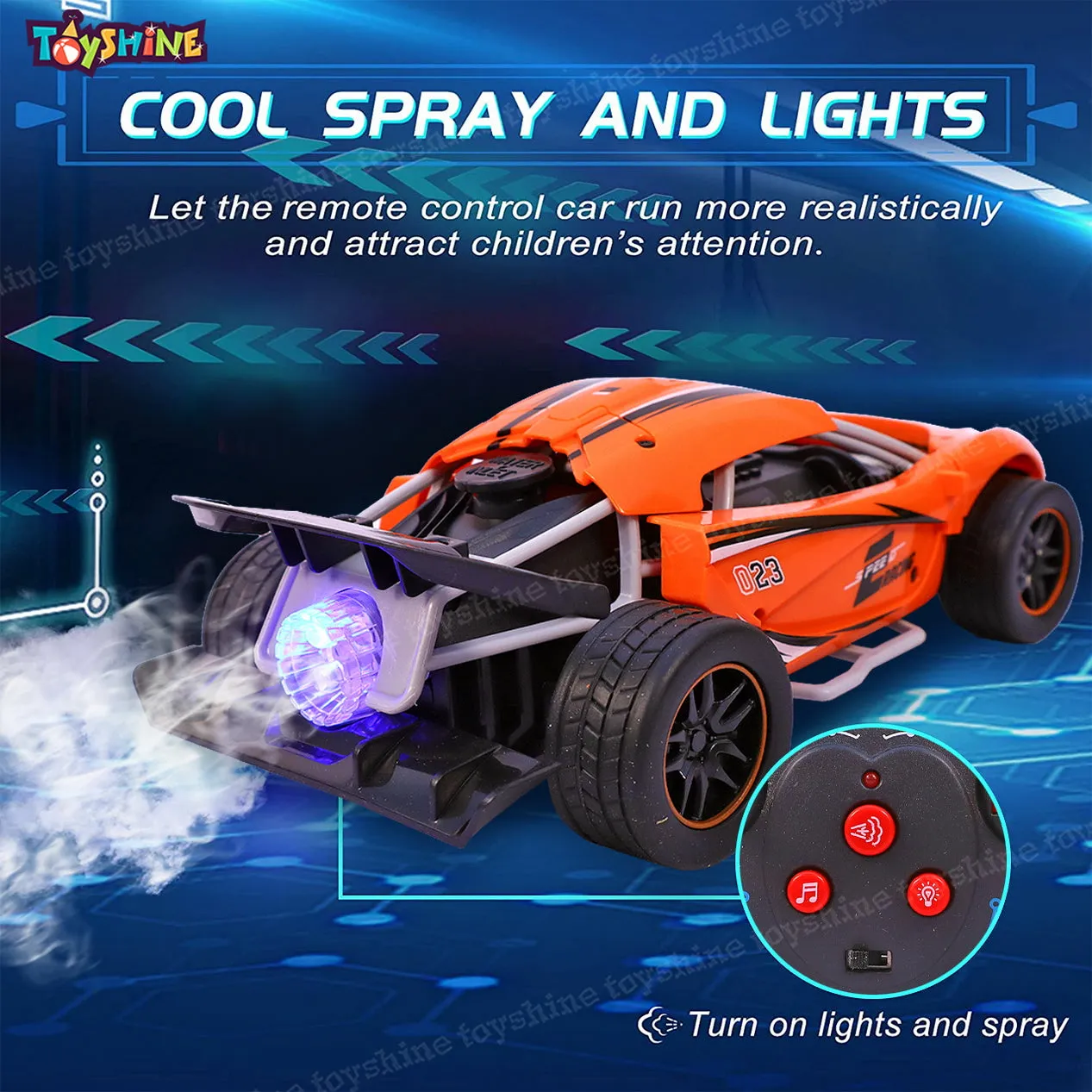 Toyshine Rechageable Hero Smoke Mist Spray Racing Runner Car Toys 2.4 GHz with LED Light and Sound Electric Toy for Kids- Orange