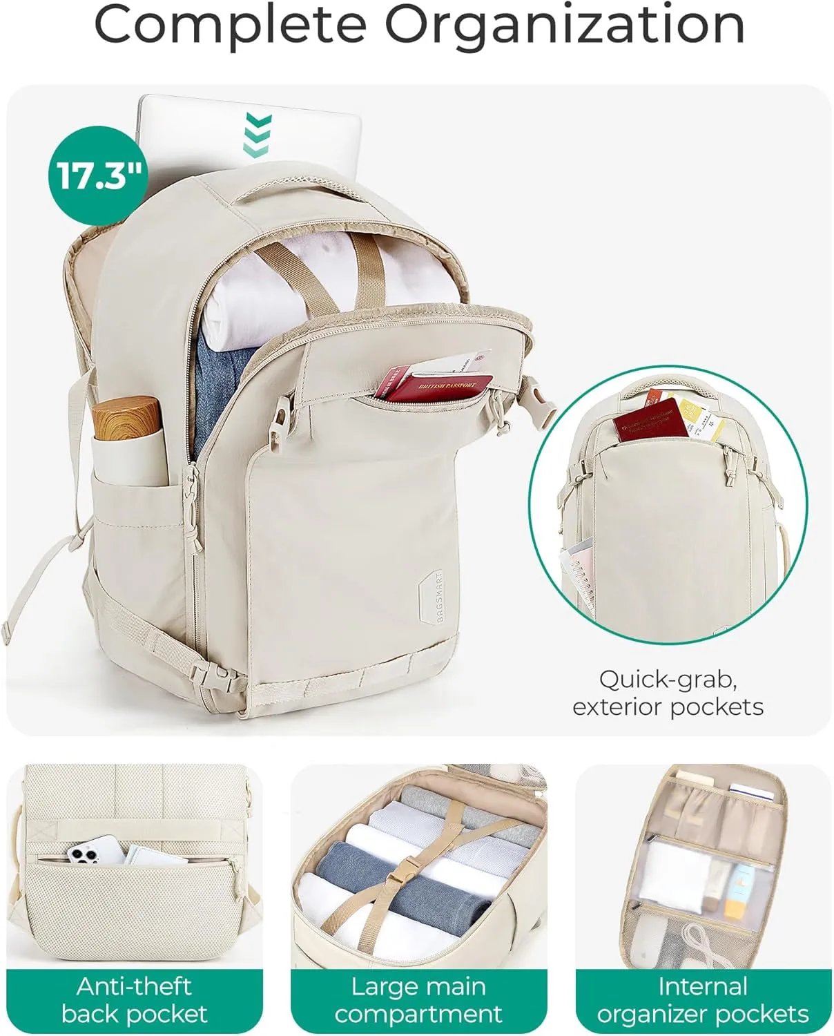 Travel Backpack for Women, 30L Travel Backpack Carry on Flight Approved, TSA Approved Personal Item Travel Bag, Water Resistant Weekender Bag Luggage Daypack, Beige