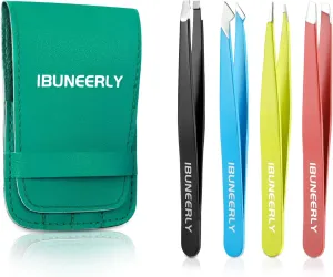 Tweezers Set, 4Pcs Tweezers for Women with Travel Case, Professional Stainless Steel Eyebrows Tweezers, Great Precision Tweezers for Ingrown Hair, Facial Hair, Splinter Removal (Multi-Color)