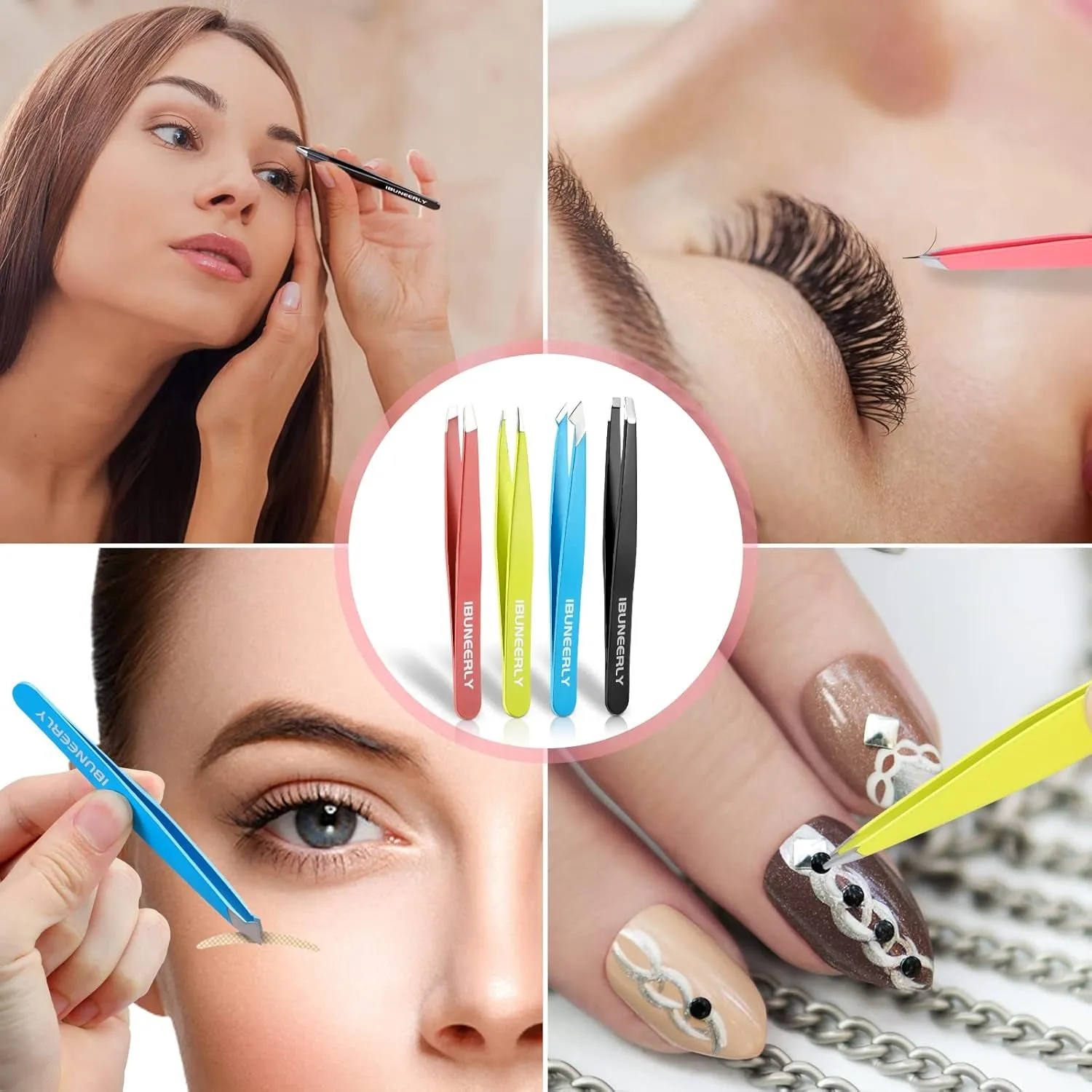 Tweezers Set, 4Pcs Tweezers for Women with Travel Case, Professional Stainless Steel Eyebrows Tweezers, Great Precision Tweezers for Ingrown Hair, Facial Hair, Splinter Removal (Multi-Color)