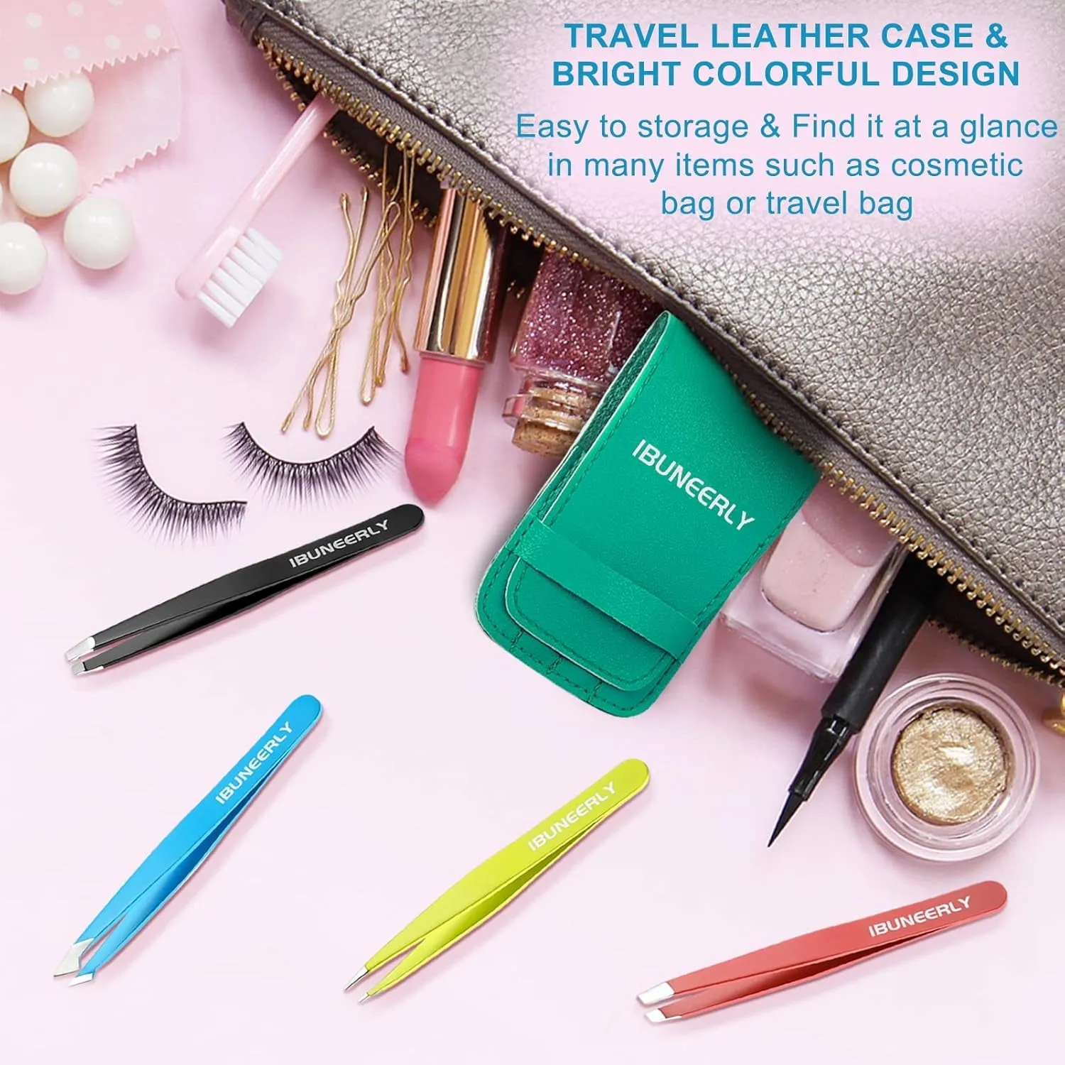 Tweezers Set, 4Pcs Tweezers for Women with Travel Case, Professional Stainless Steel Eyebrows Tweezers, Great Precision Tweezers for Ingrown Hair, Facial Hair, Splinter Removal (Multi-Color)