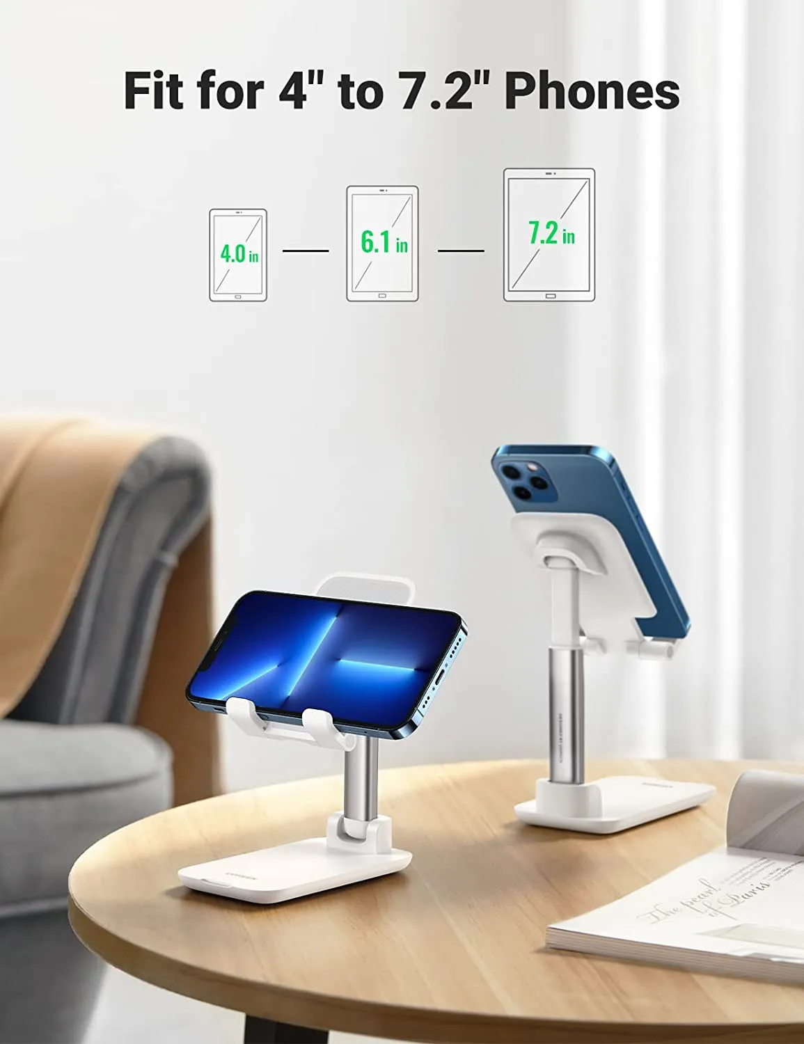 UGREEN Phone Stand Cell Phone Holder for Desk Foldable Adjustable Stand Compatible with iPhone 13 12 Pro Max 13 12 Mini XS XR X SE 8 Plus 6 7 Galaxy S21 S10 Google Pixel 5 4A XL, 4-7.2" Device, White