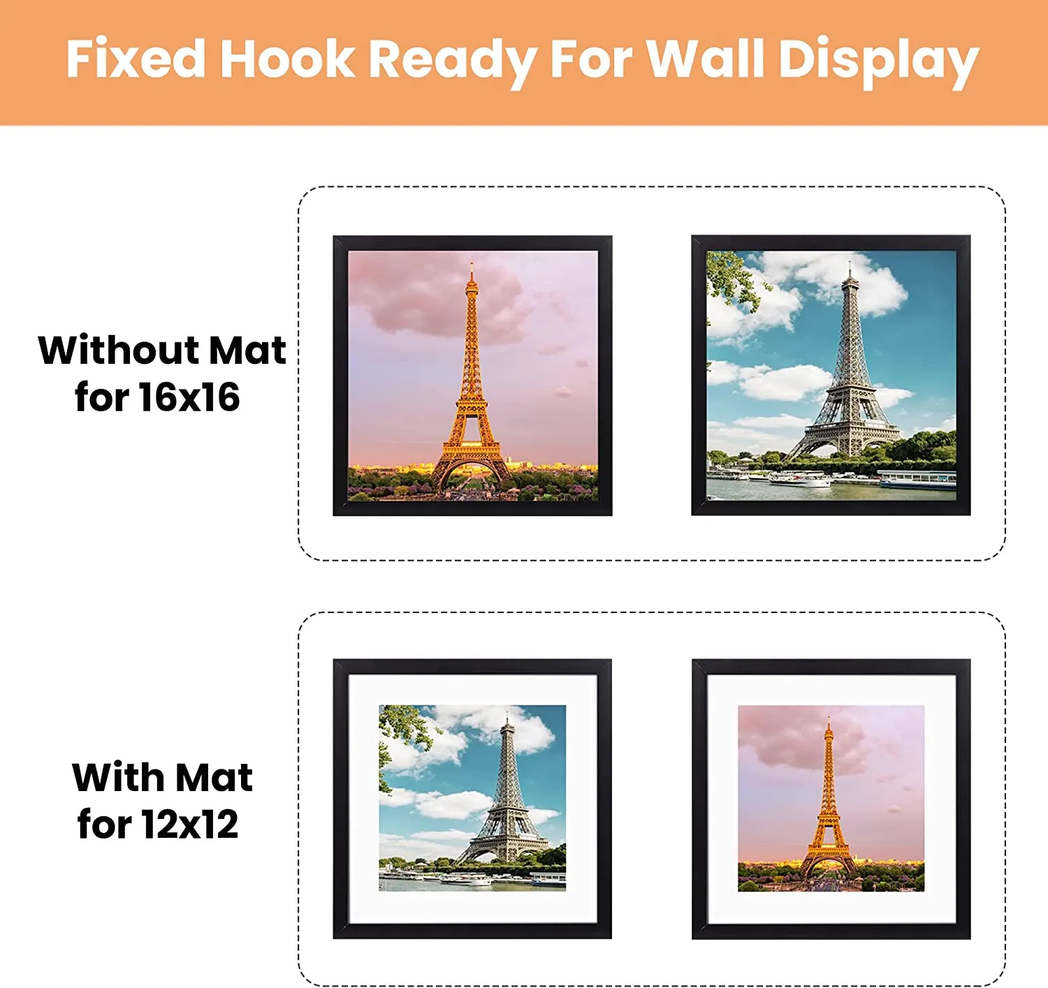 upsimples 16x16 Picture Frame Made of High Definition Glass, Display Pictures 12x12 with Mat or 16x16 Without Mat, Gallery Wall Frame Set, Black