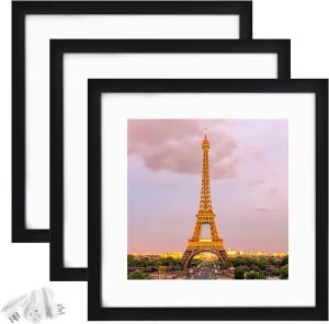 upsimples 16x16 Picture Frame Made of High Definition Glass, Display Pictures 12x12 with Mat or 16x16 Without Mat, Gallery Wall Frame Set, Black