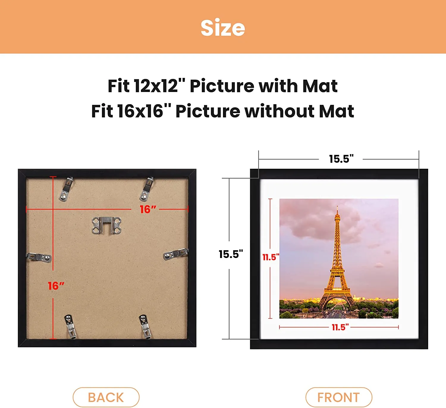 upsimples 16x16 Picture Frame Made of High Definition Glass, Display Pictures 12x12 with Mat or 16x16 Without Mat, Gallery Wall Frame Set, Black