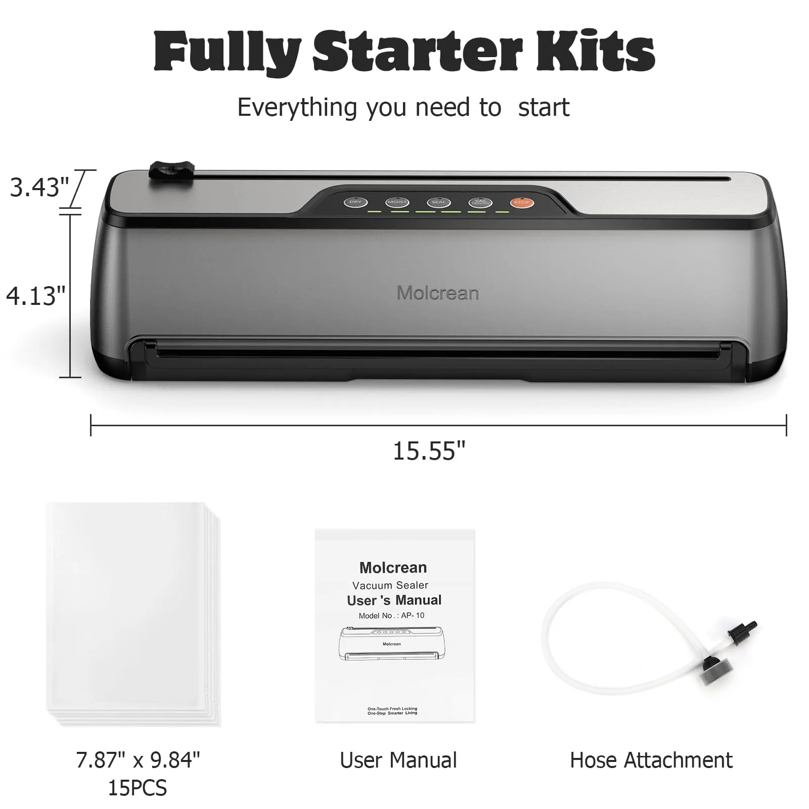 Vacuum Sealer Machine, Ultra Compact & Fully Automatic with Built-In Cutter, 85KPA High-Performance Food Vacuum Sealer, Dry & Moist Modes, 12-Inch Enhanced Seal Strip, Includes 15 Bags & Suction Hose