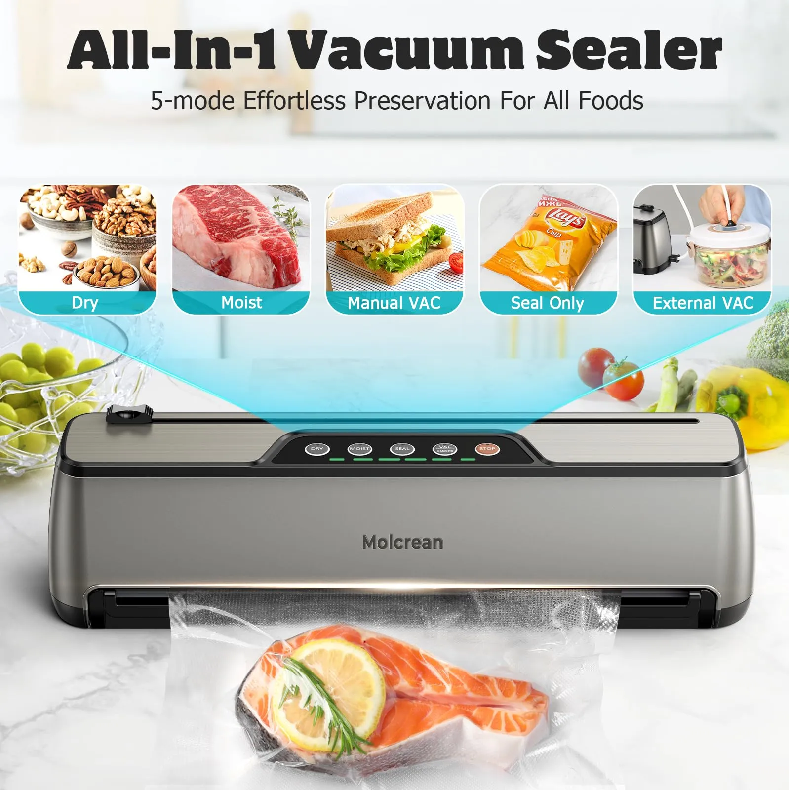 Vacuum Sealer Machine, Ultra Compact & Fully Automatic with Built-In Cutter, 85KPA High-Performance Food Vacuum Sealer, Dry & Moist Modes, 12-Inch Enhanced Seal Strip, Includes 15 Bags & Suction Hose