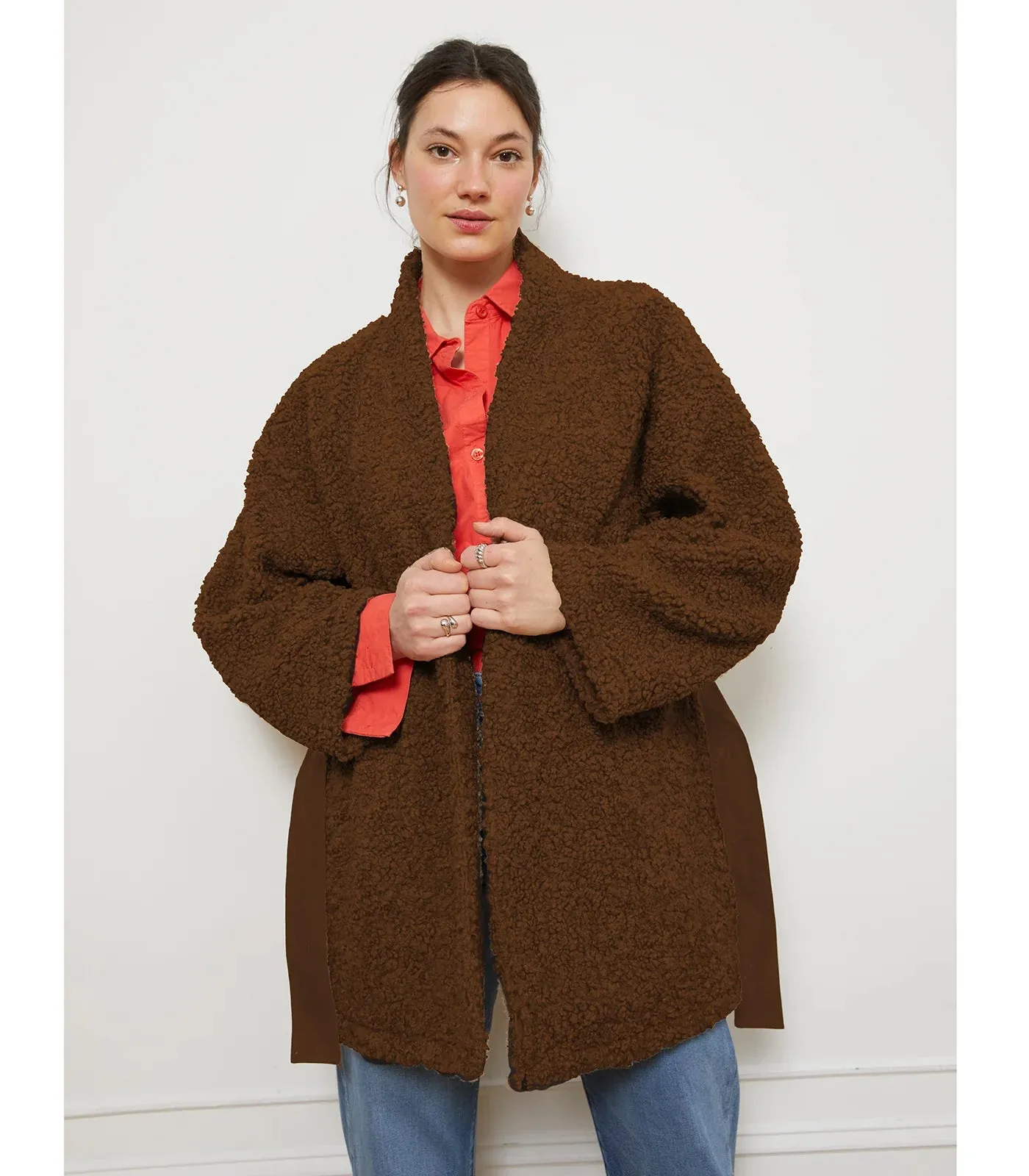 Valentina Sherpa Wrap Coat in Chocolate | Loup
