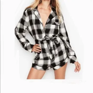 Victoria Secret Flannel Tie Romper. Black/ White. Sz M.
