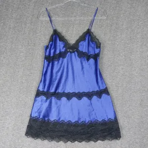 VICTORIA’S SECRET WOMENS VINTAGE BLUE BLACK LACE SLIP DRESS NIGHTGOWN LINGERIE M