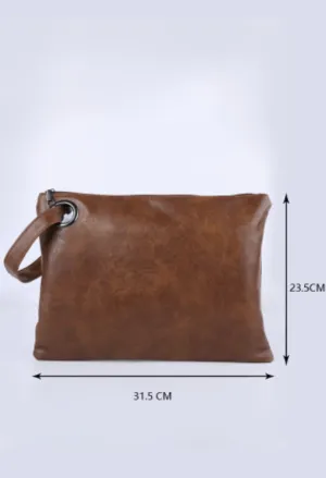 Vintage Brown Leather Look Oversized Clutch