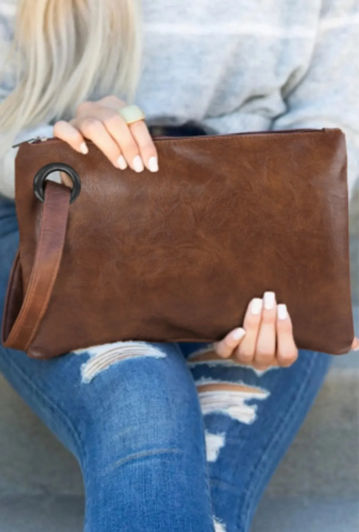 Vintage Brown Leather Look Oversized Clutch