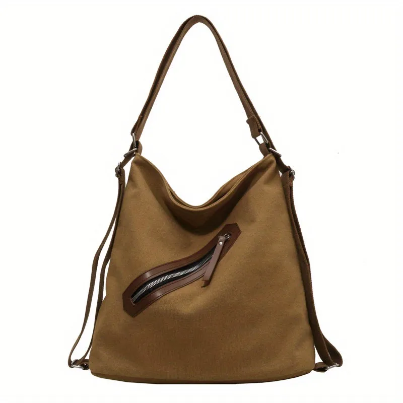 Vintage Canvas Crossbody Bag, Large Capacity Hobo Shoulder Bag, Multi Purpose Backpack With Convertible Strap