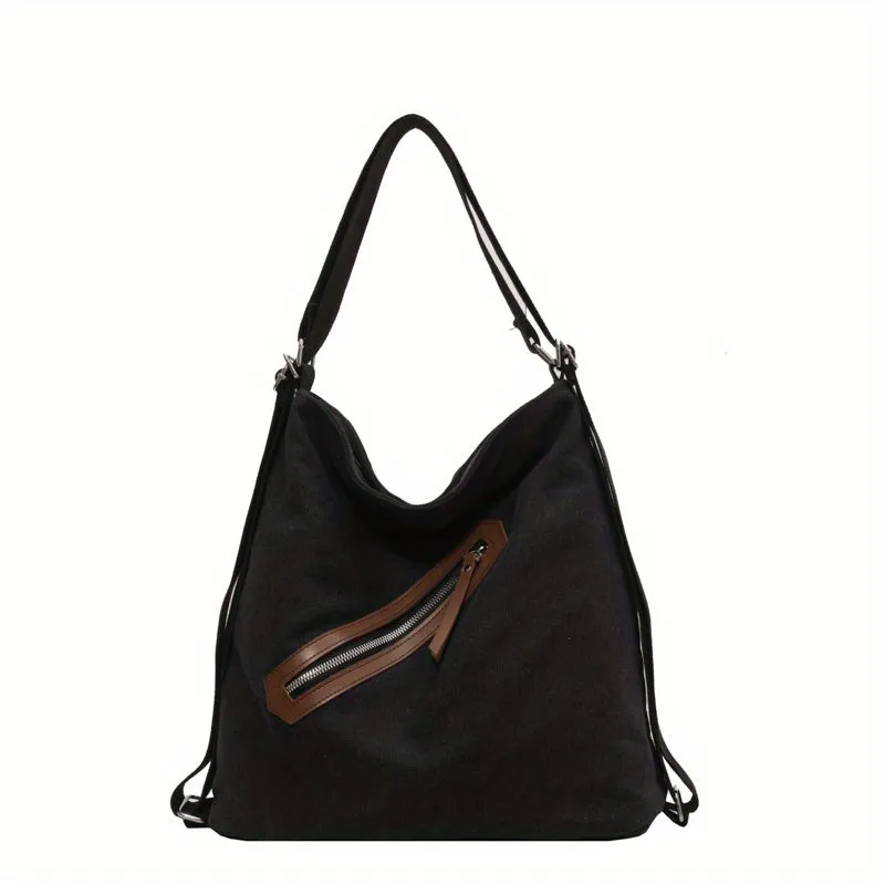 Vintage Canvas Crossbody Bag, Large Capacity Hobo Shoulder Bag, Multi Purpose Backpack With Convertible Strap