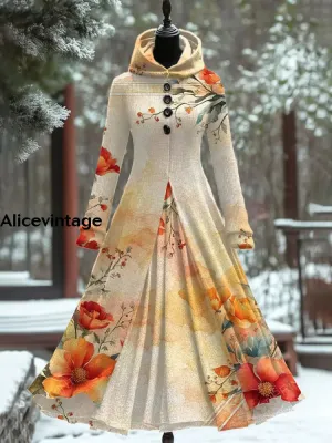 Vintage Floral Art Print Hooded Patchwork Long Sleeve 50s Elegant Slim Long Sleeve Fake Two-Piece Midi Dress