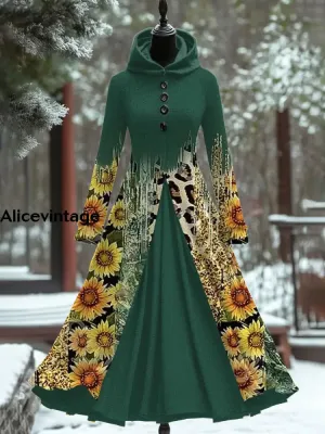Vintage Leopard Art Print Hooded Patchwork Long Sleeve 50s Elegant Slim Long Sleeve Fake Two-Piece Midi Dress