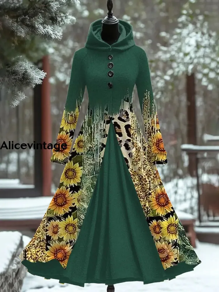 Vintage Leopard Art Print Hooded Patchwork Long Sleeve 50s Elegant Slim Long Sleeve Fake Two-Piece Midi Dress