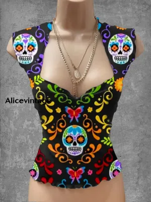 Vintage Mexican Floral Art Print V-Neck Casual Top