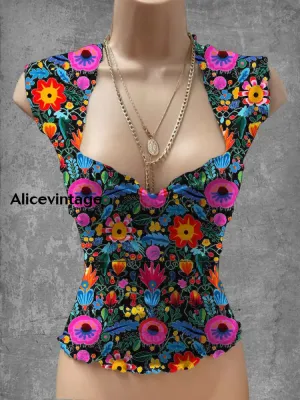 Vintage Mexican Floral Art Print V-Neck Casual Top