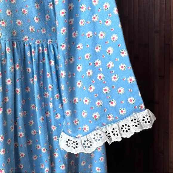 Vintage Nightgown Flannel Nightie 60s 70s Flower Blue Eyelet Lace House Dress