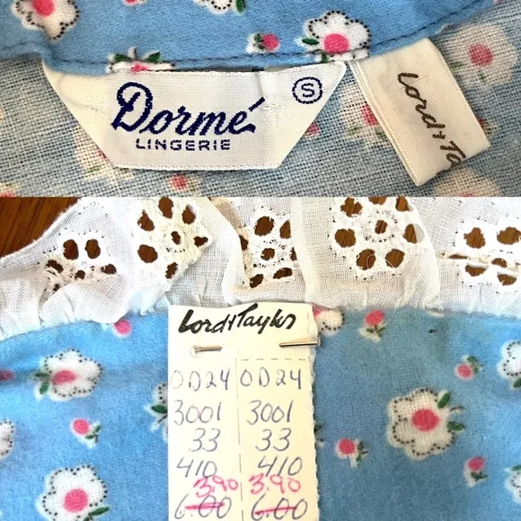 Vintage Nightgown Flannel Nightie 60s 70s Flower Blue Eyelet Lace House Dress