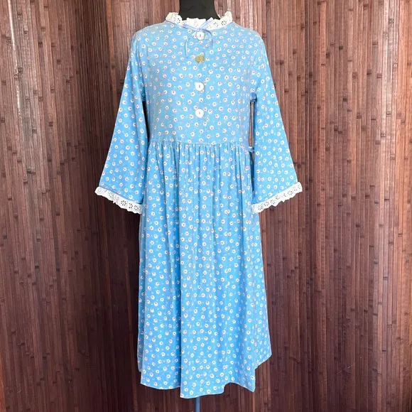 Vintage Nightgown Flannel Nightie 60s 70s Flower Blue Eyelet Lace House Dress