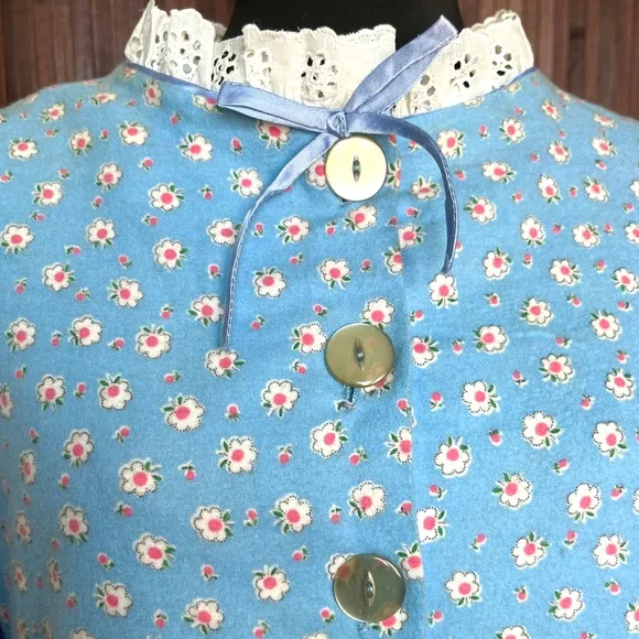Vintage Nightgown Flannel Nightie 60s 70s Flower Blue Eyelet Lace House Dress