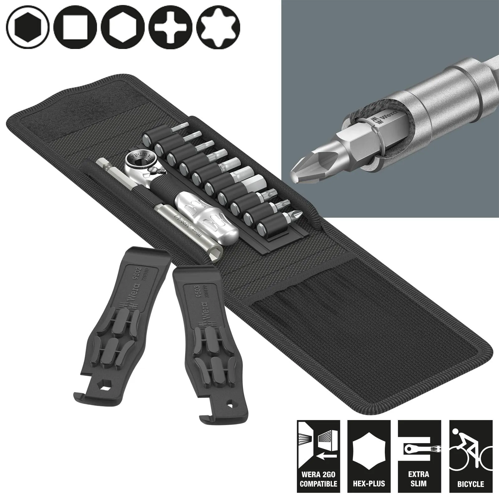 Wera Bicycle Set 1 14 Piece Tyre Levers 1/4" Hex Ratchet and Screwdriver Bits