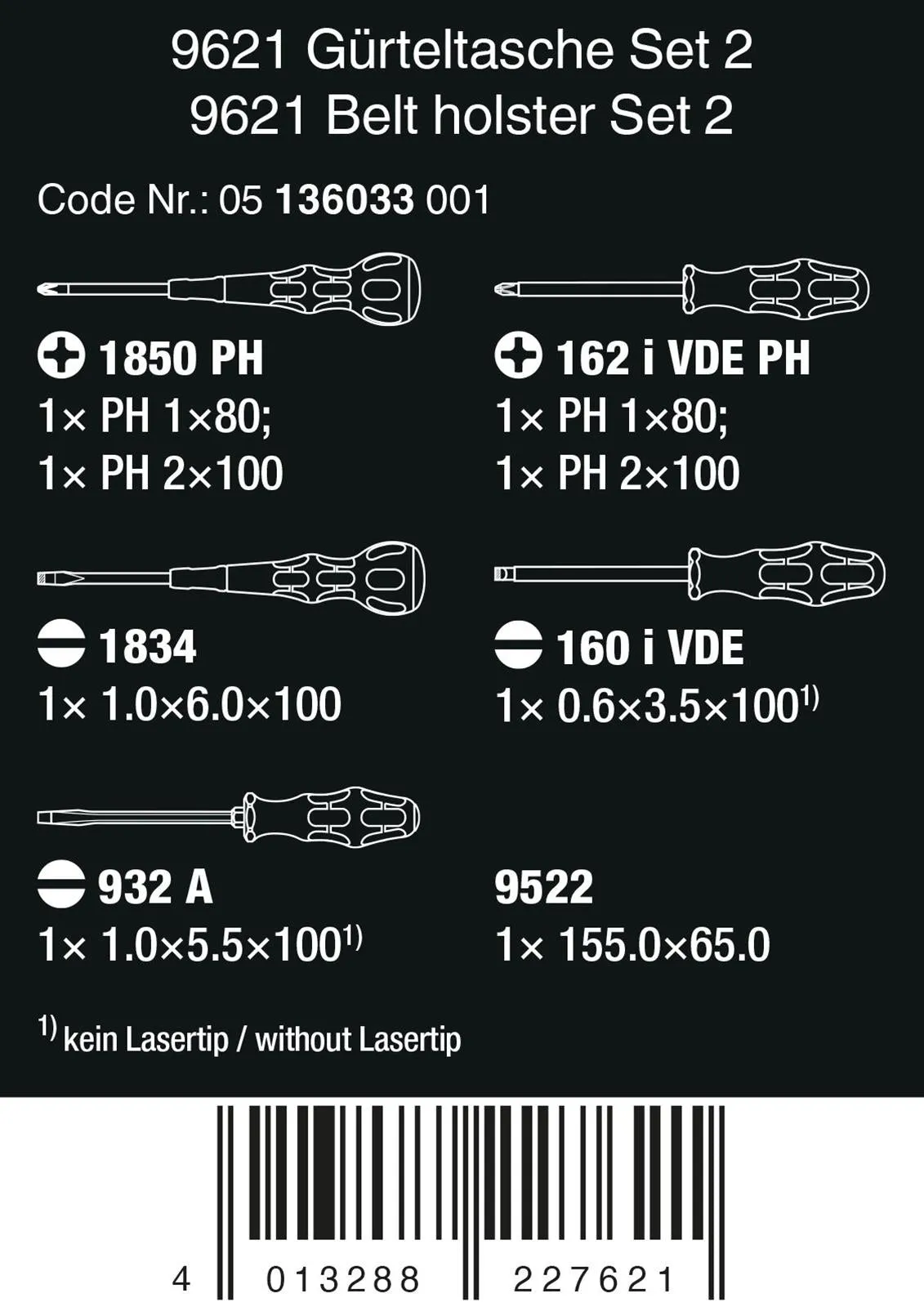Wera Screwdriver Set 9621 Belt Holster Set 2 VDE Phillips Slotted Ball Grip 8 Pieces