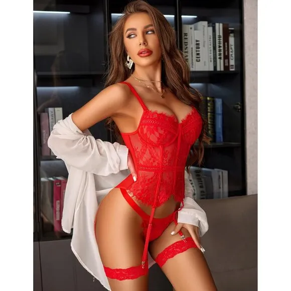 Women Red Floral Lace Garter Lingerie Set Underwire Bra and Panty 4 Piece