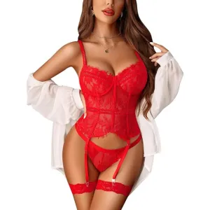 Women Red Floral Lace Garter Lingerie Set Underwire Bra and Panty 4 Piece
